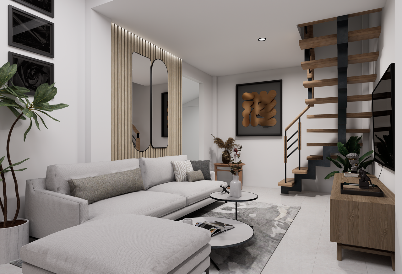 Services Elegant modern living room featuring minimalist decor, neutral colors, and a wooden spiral staircase.